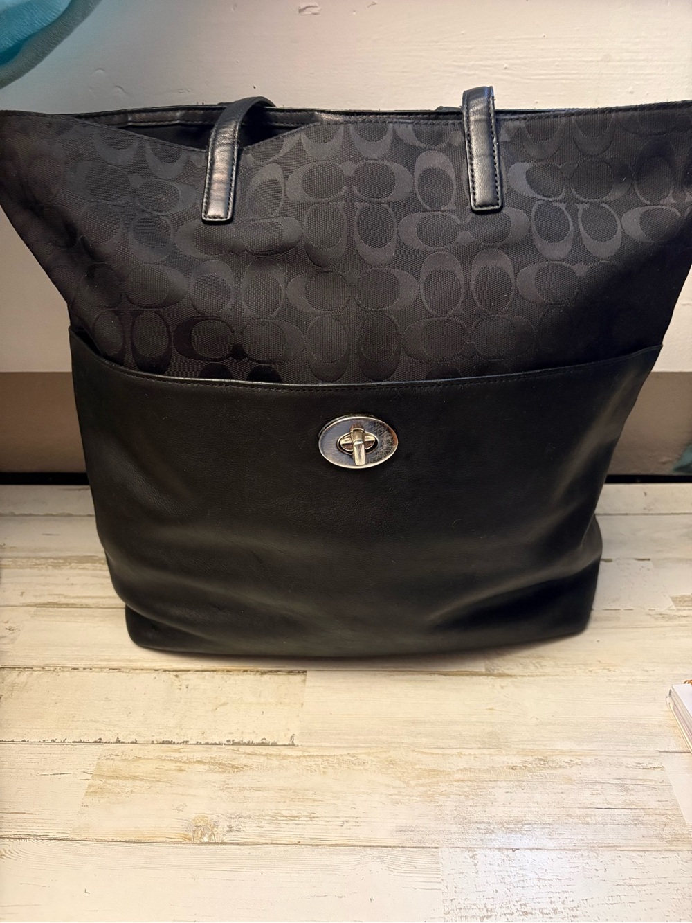 Coach Vintage Legacy Black Signature Monogram Turn-Lock Leather Canvas Tote Bag